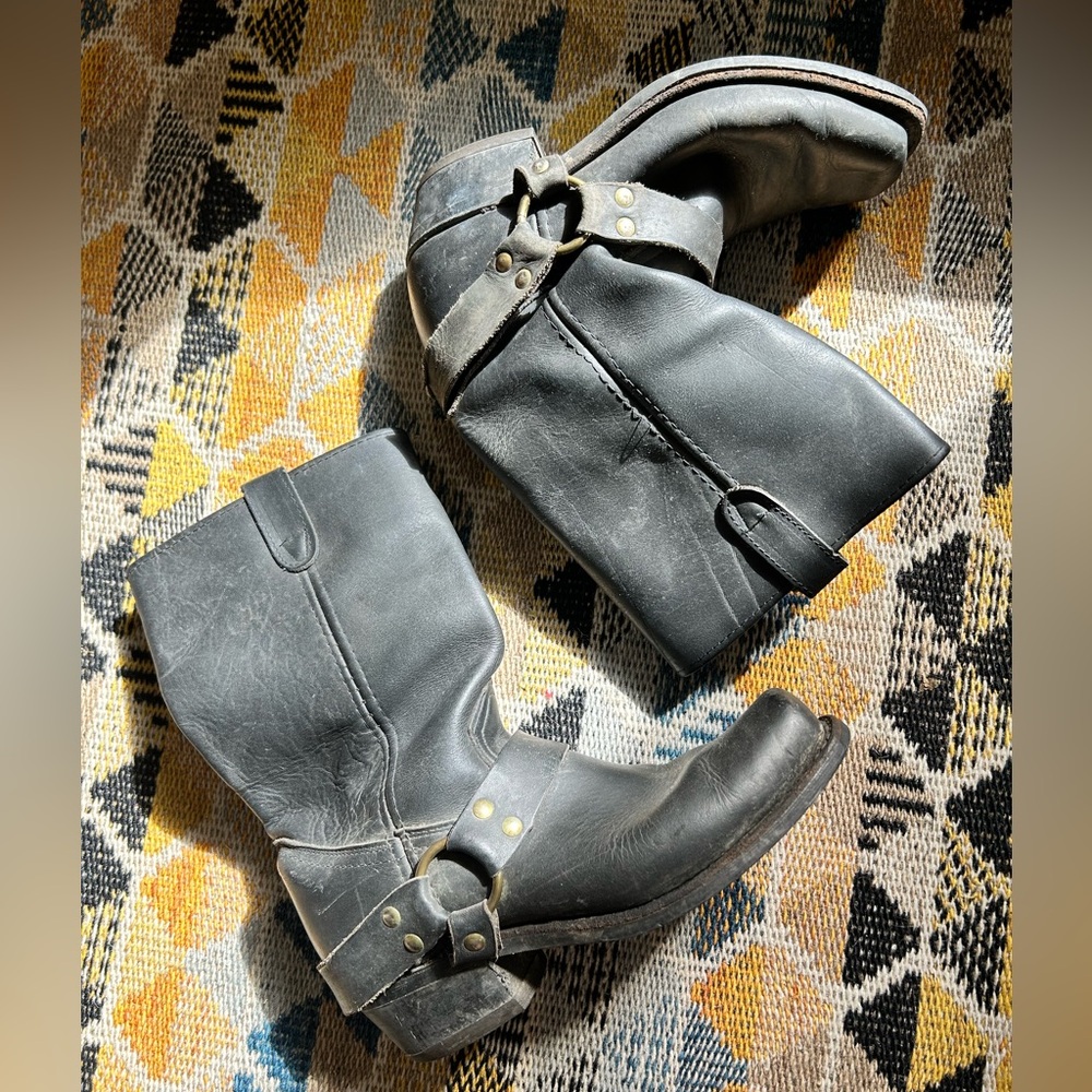 Vintage black leather cowboy engineer biker boots